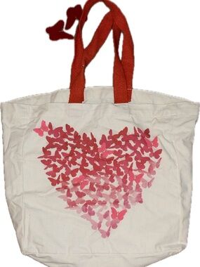 Large Cream Canvas Tote with Pink & Red Butterfly Heart
